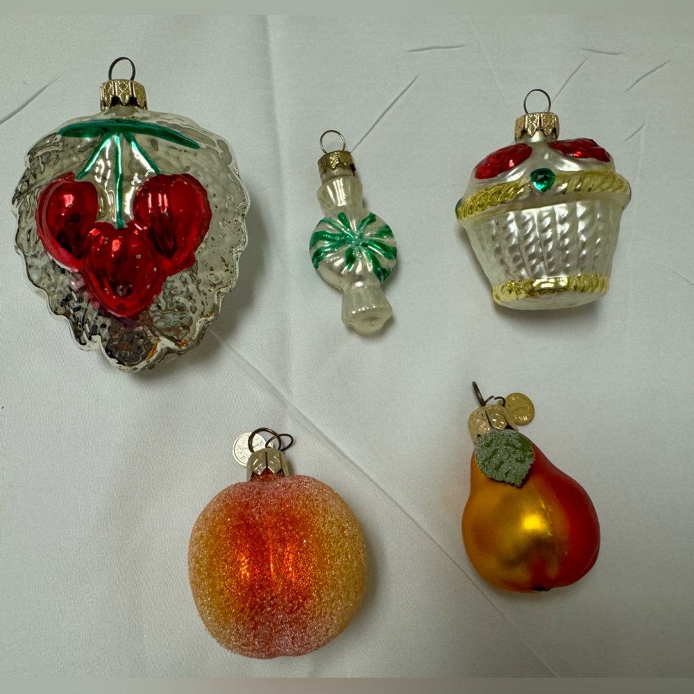 5 Vintage Fruit Candy Cupcake Blown Glass Christmas Ornaments